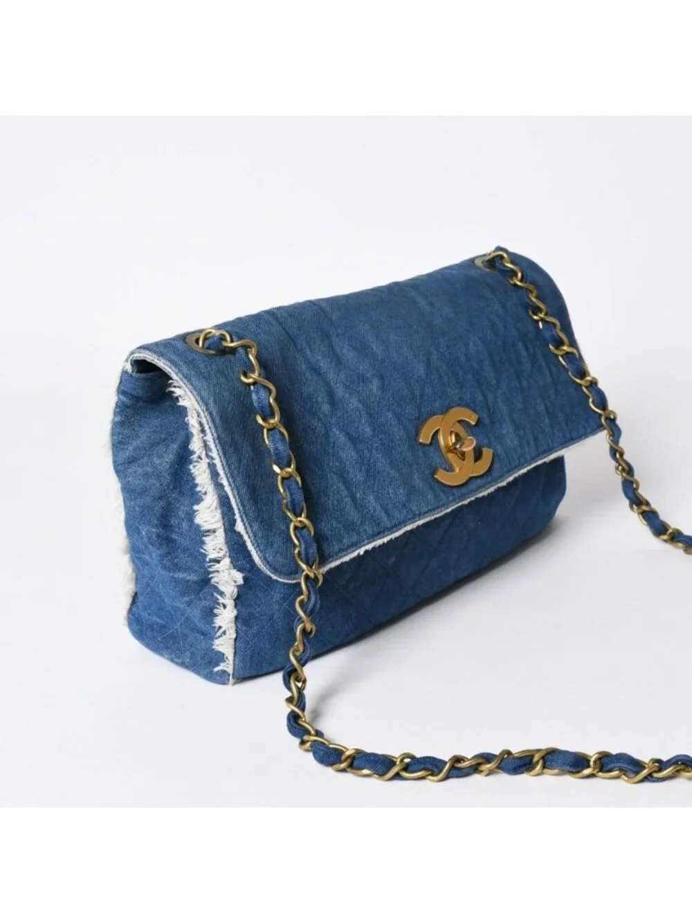 Chanel Chenel Maxi Quilted Single Flap Chain Shoulder Bag Denim Blue Gold